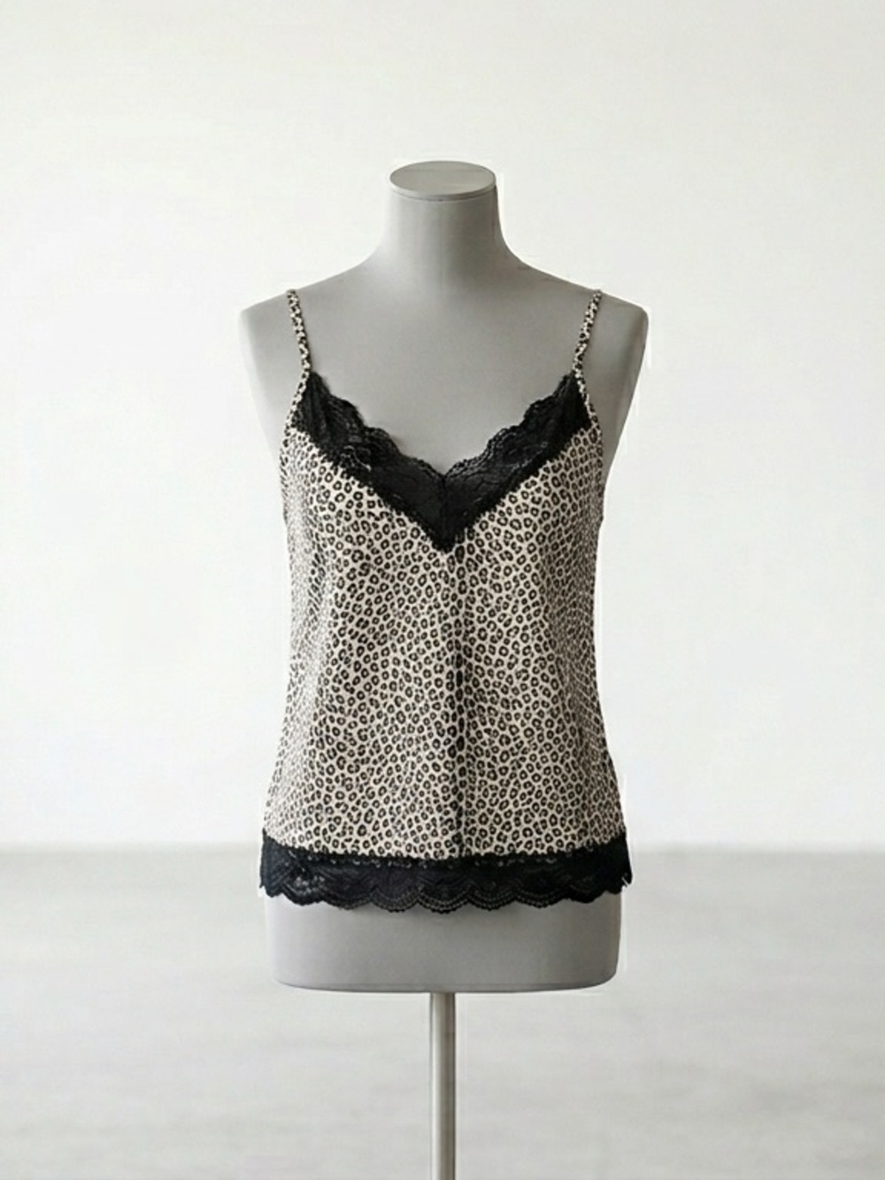 White House Black Market Cream and Black Leopard Lace-Trim Camisole